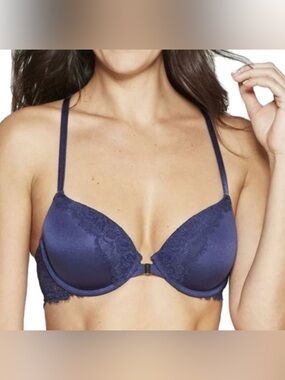 Auden Ace Lightly Lined Lace Racerback Front Closure Bra, Navy Blue, sz 34D
